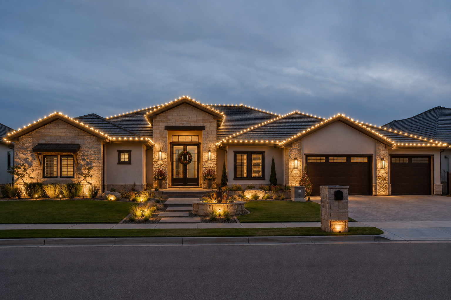 Upscale Texas home with professionally installed Christmas lights on the roofline